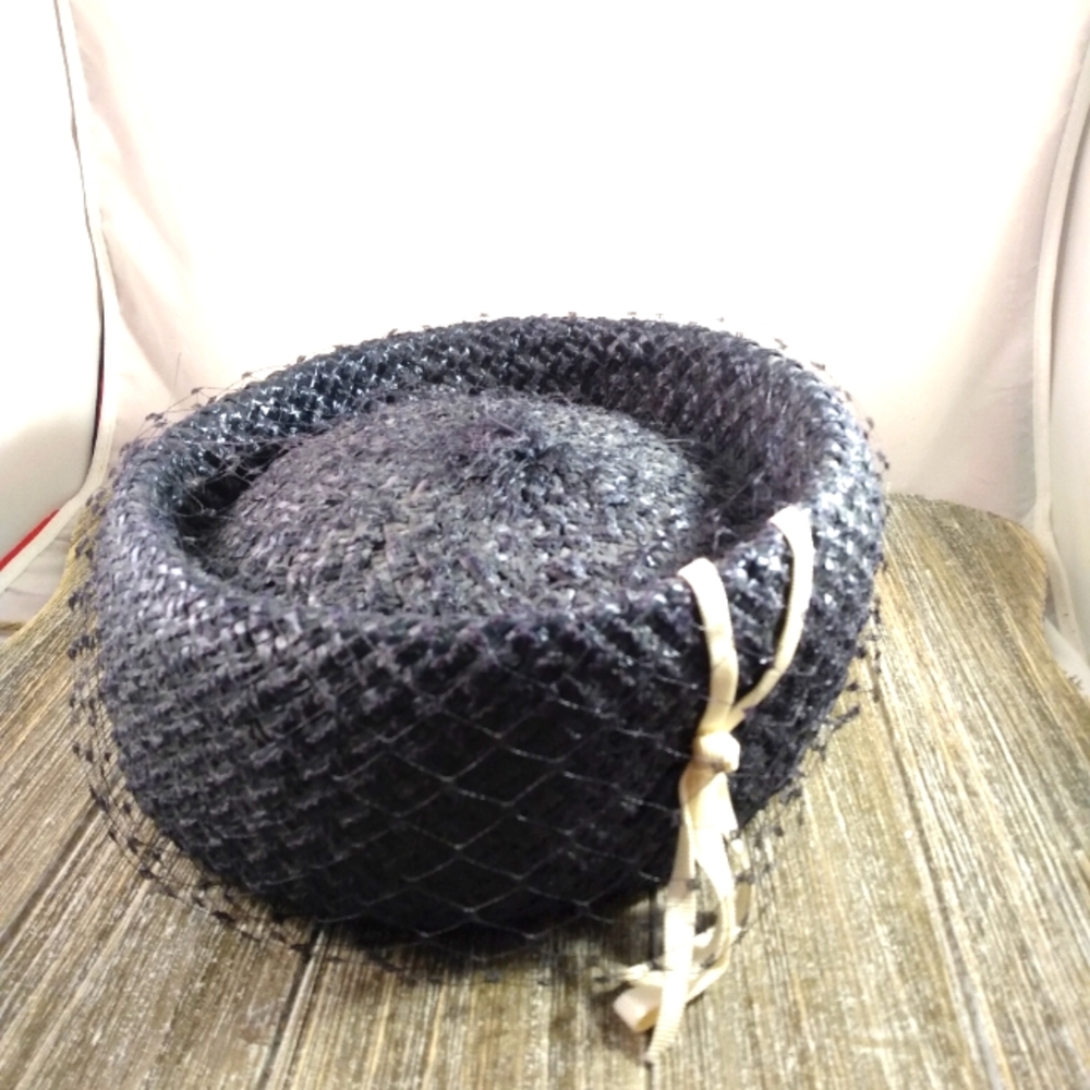 Navy straw pillbox hat